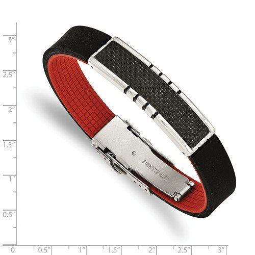 Men's Polished Stainless Steel Carbon Fiber Inlay Black and Red Rubber ID Bracelet, 8.5"