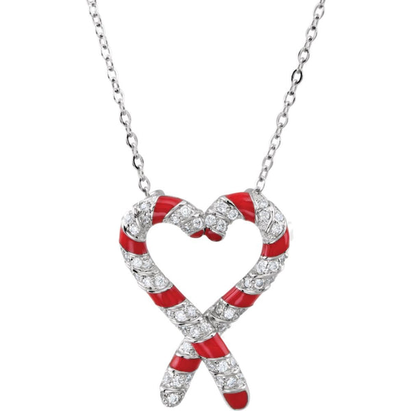 Rhodium Plate Sterling Silver 'The Candy Cane Legend' J for Jesus CZ Necklace, 18"