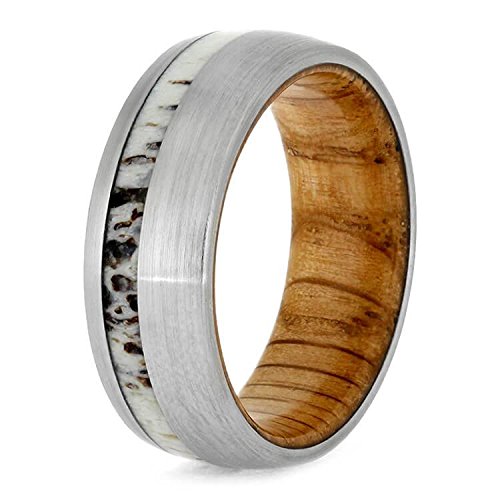 Deer Antler, Brushed Titanium 8mm Comfort-Fit Oak Wood Sleeve Wedding Ring, Size 7.5