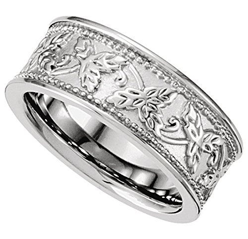 Leaf Design 8.5mm Semi-Polished 14k White Gold Band