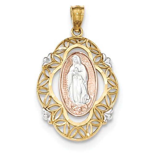 Rhodium-Plated 14k Yellow and Rose Gold Guadalupe Medal Pendant