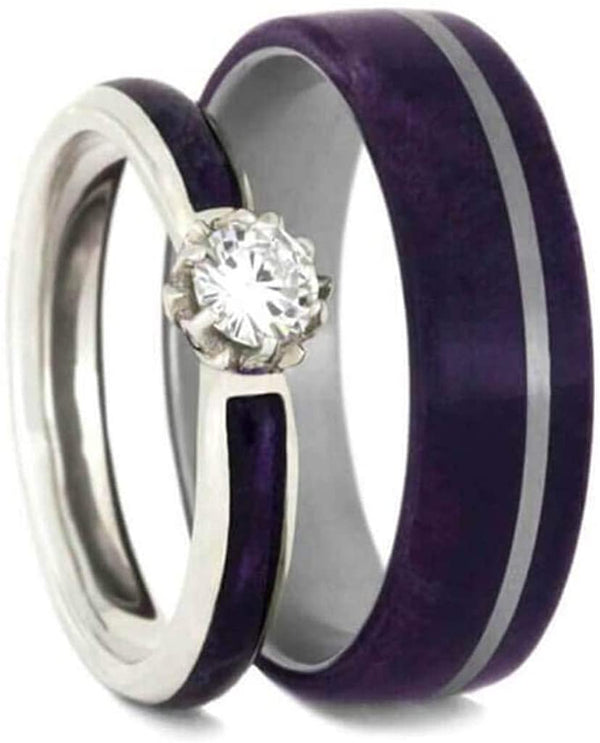 Forever Classic Moissanite, Purple Box Elder Burl, Sterling Silver Comfort-Fit Couples Wedding Band Set