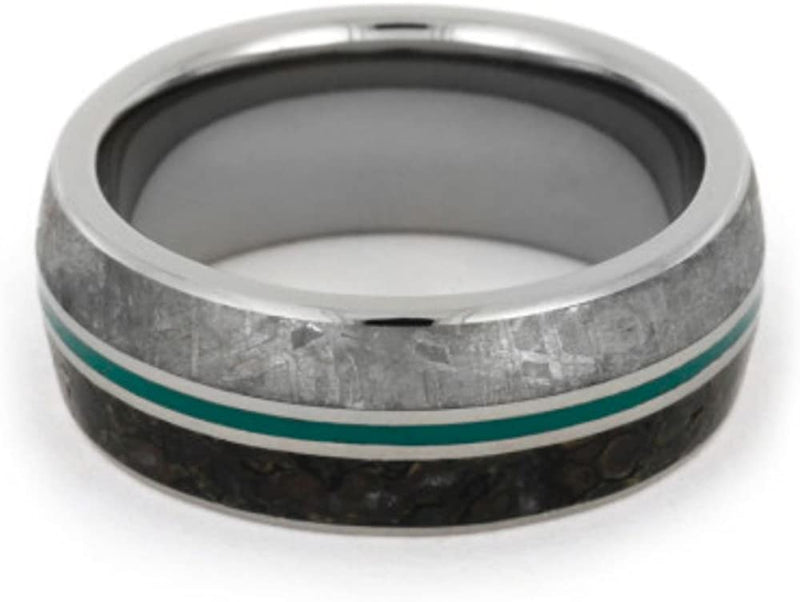 Dinosaur Bone, Gibeon Meteorite, Green Pinstripe 9mm Comfort-Fit Titanium Band, Size 10.5