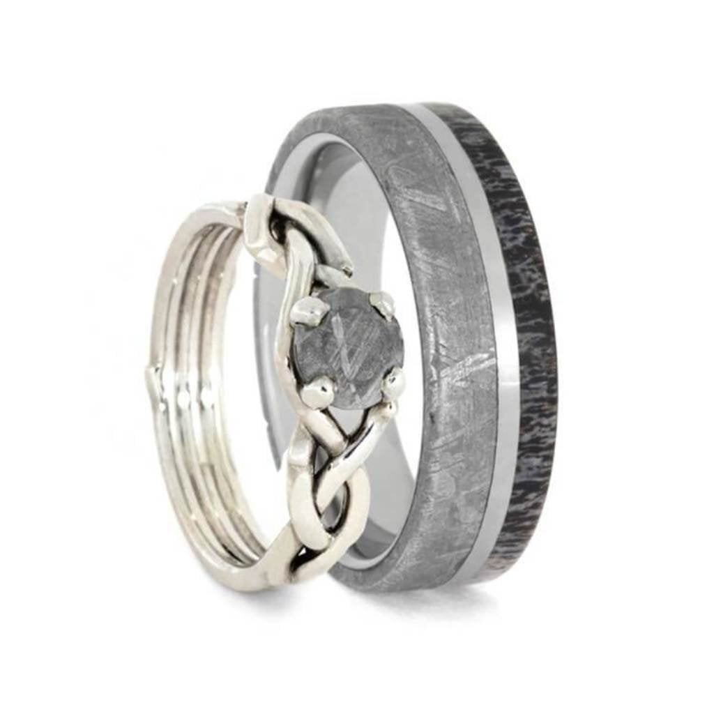 Gibeon Meteorite, Deer Antler, Sterling Silver Comfort-Fit Couples Wedding Band Set