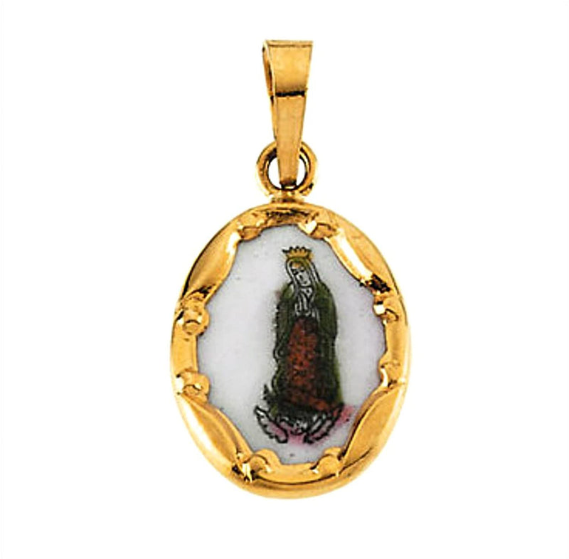 14k Yellow Gold Our Lady of Guadalupe Hand-Painted Porcelain Medal (17x13 MM)