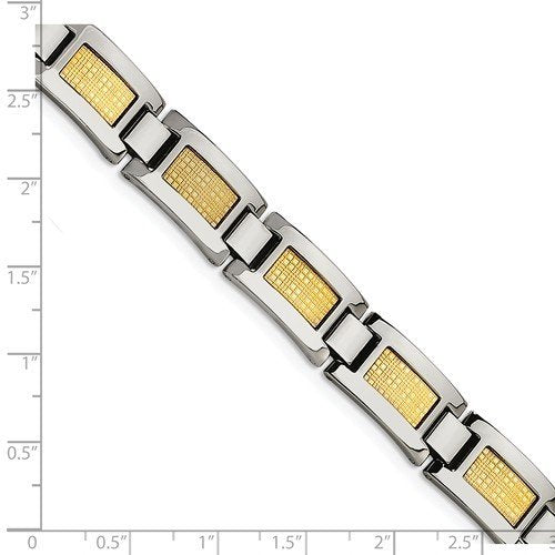 Men's Polished Stainless Steel 11mm 18k Yellow Gold Foil Bracelet, 8.25"