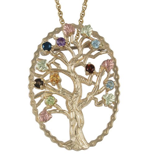 Multi Gemstone Tree Pendant Necklace, 10k Yellow Gold, 12k Green and Rose Gold Black Hills Gold Motif, 18"