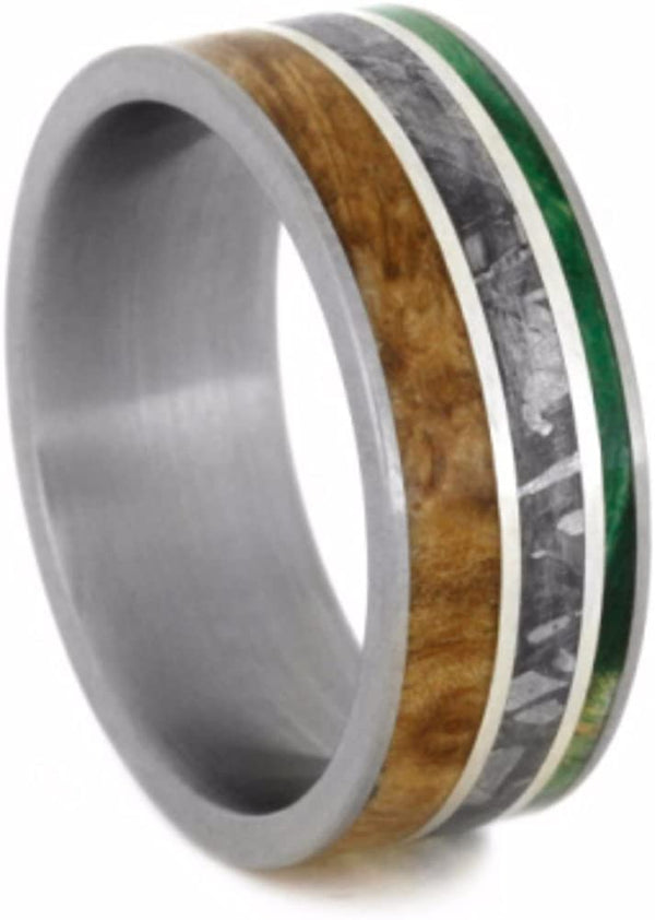 Black Ash, Green Box Elder Burl Wood, Gibeon Meteorite 8mm Comfort-Fit Matte Titanium Wedding Band