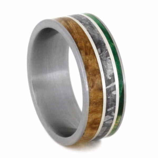 Black Ash, Green Box Elder Burl Wood, Gibeon Meteorite 8mm Comfort-Fit Matte Titanium Wedding Band, Size 11.25