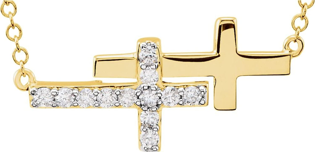 Diamond Double Sideways Cross Rhodium-Plated 14k Yellow Gold Necklace, 18" (.20 Ctw, HIJ Color, I3 Clarity)