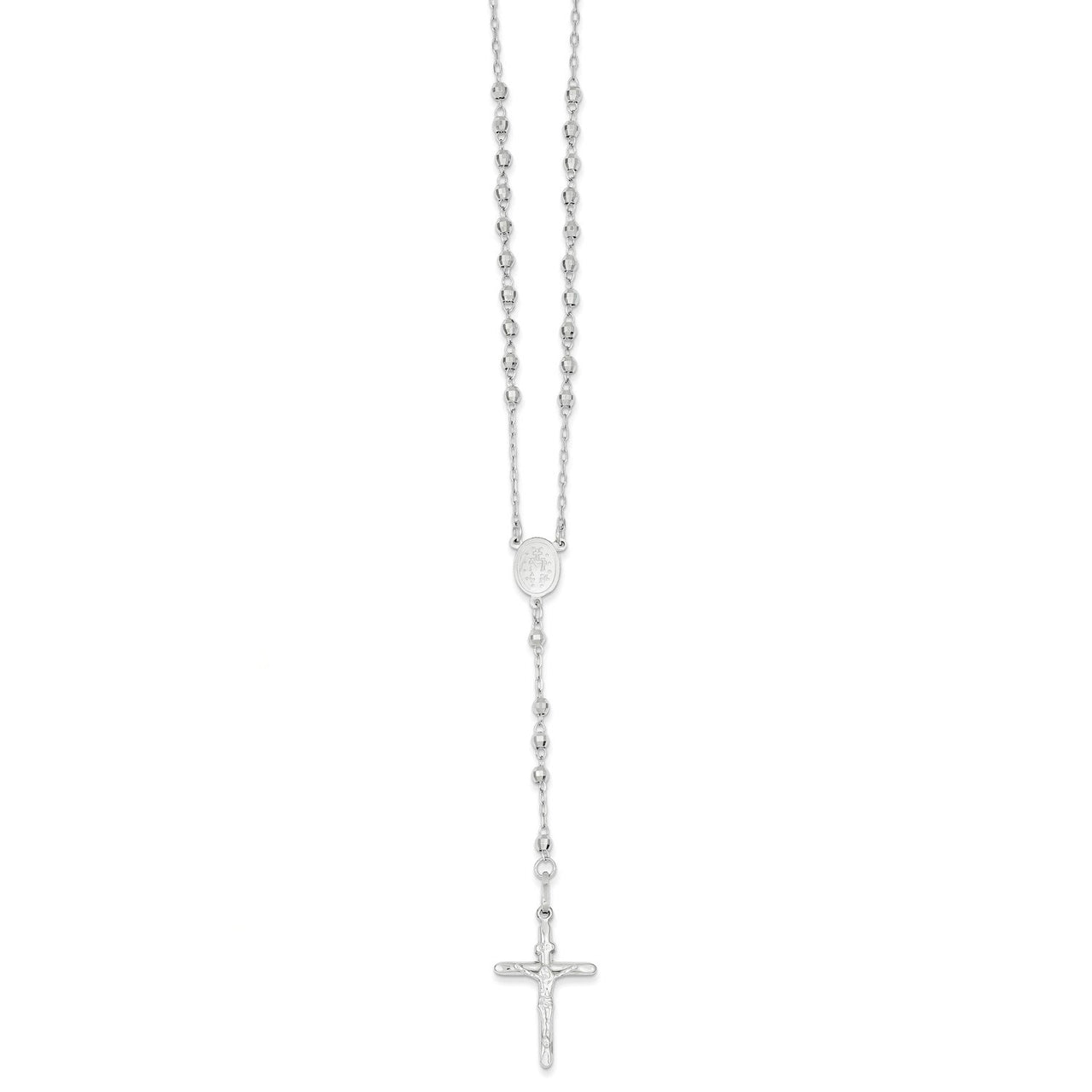 Rosary Bead Necklace, 14k White Gold Rhodium Plate