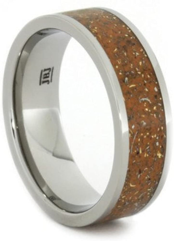 Meteorite Shavings Red, Orange, Yellow Inlay 7mm Comfort-Fit Titanium Ring, Size 10