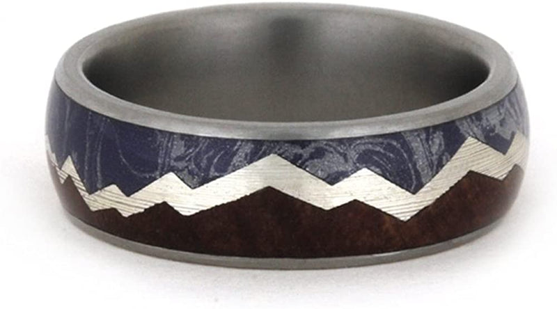 Redwood Mountain Design with Blue, Bronze, Silver Mokume, Sterling Silver 7mm Comfort-Fit Matte Titanium Band, Size 10.75