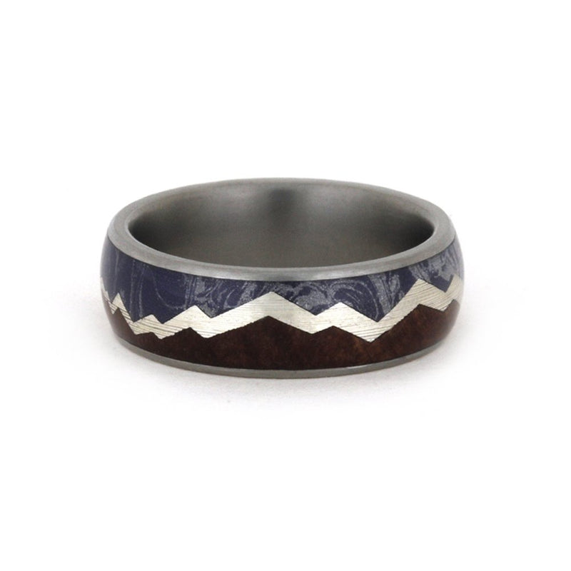 Redwood Mountain Design with Blue, Bronze, Silver Mokume, Sterling Silver 7mm Comfort-Fit Matte Titanium Band