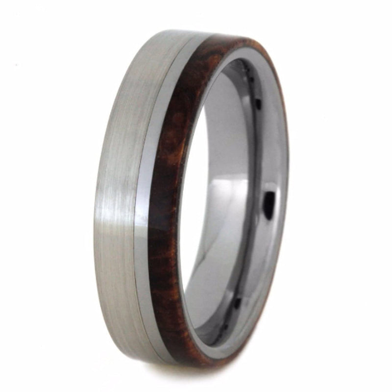 Honduran Rosewood Burl, Tungsten Carbide 6mm Comfort-Fit Brushed Titanium Wedding Band