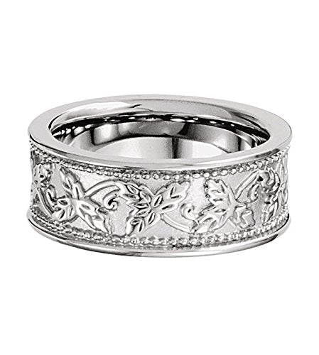 Leaf Design 8.5mm Semi-Polished 14k White Gold Band