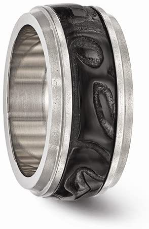 Edward Mirell Titanium and Black Titanium Inlay Fancy Design 11mm Wedding Band, Size 8.5