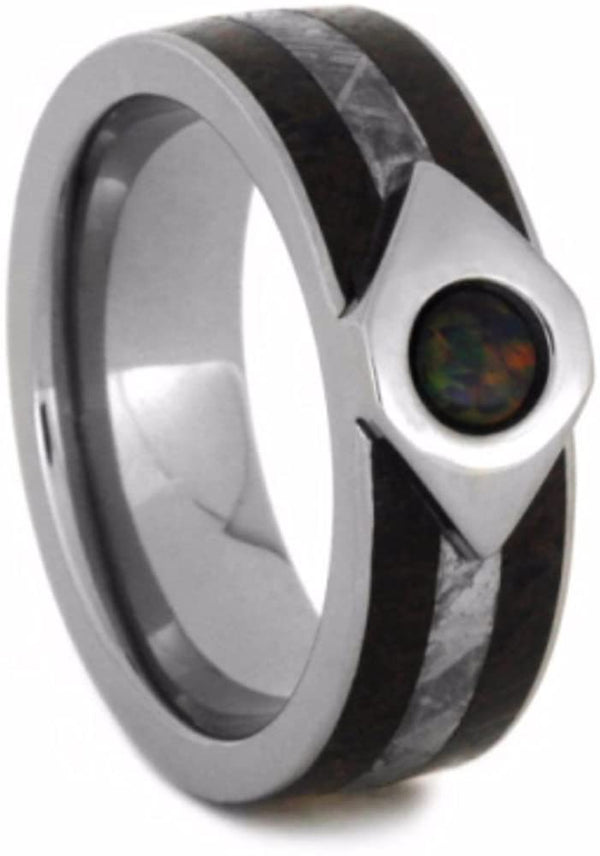 Created Black Fire Opal, Dinosaur Bone, Gibeon Meteorite 7mm Comfort-Fit Titanium Wedding Band, Size 9