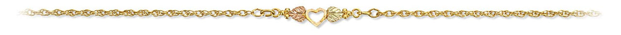 Heart with Leaves Ankle Bracelet, 10k Yellow Gold, 12k Green and Rose Gold Black Hills Gold Motif, 7"