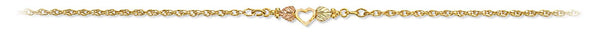 Heart with Leaves Ankle Bracelet, 10k Yellow Gold, 12k Green and Rose Gold Black Hills Gold Motif, 7"