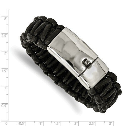 Men's Polished Stainless Steel Rounded Braided Black Leather Bracelet, 8.5 "