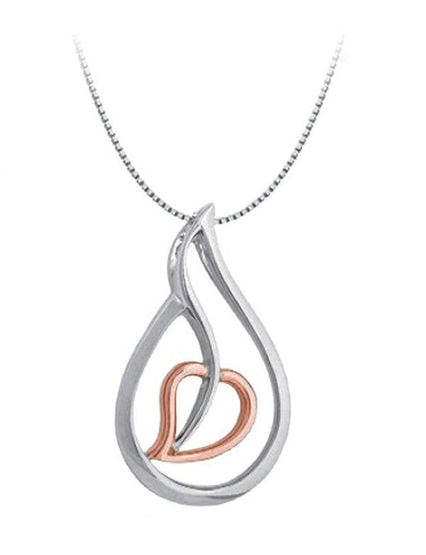 Tear Drop Heart Pendant Necklace, Rhodium Plated Sterling Silver, 10k Rose Gold, 18" to 22"