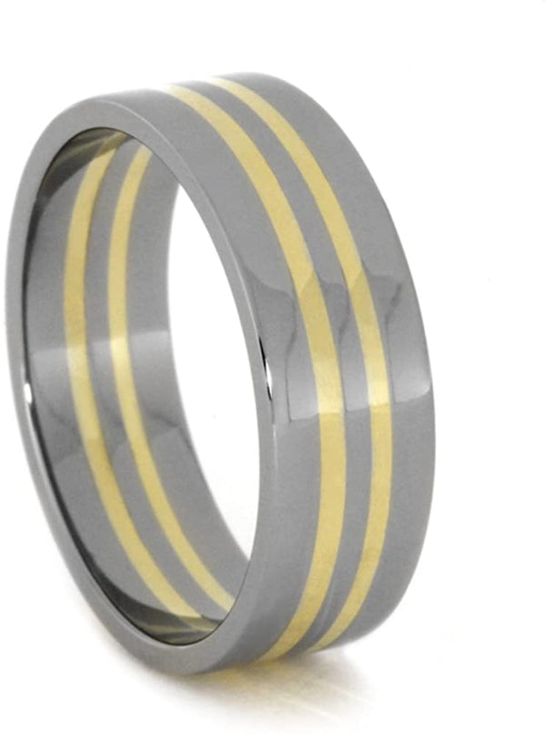 Two 14k Yellow Gold Pinstripes 7mm Comfort-Fit Titanium Wedding Band, Size 14.25