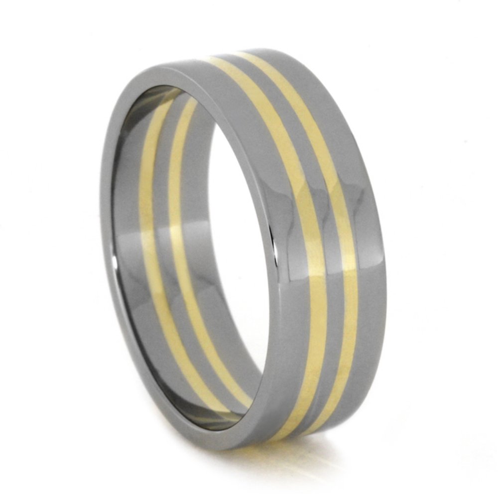 Two 14k Yellow Gold Pinstripes 7mm Comfort-Fit Titanium Wedding Band