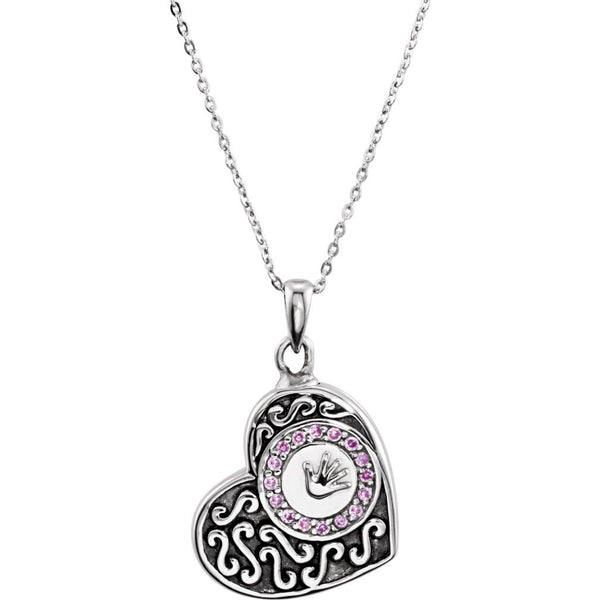 Antiqued Heart Ash Holder Necklace, Girl's Handprint with Pink CZs, Rhodium Plate Sterling Silver, 18"