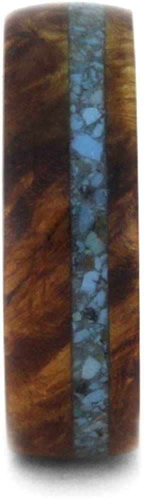 Turquoise, Amboyna Burl and Tulip Wood 7mm Comfort-Fit Matte Titanium Band, Size 5.75