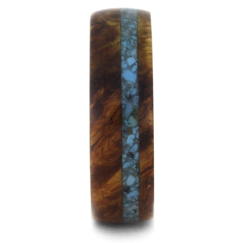 Turquoise, Amboyna Burl and Tulip Wood 7mm Comfort-Fit Matte Titanium Band