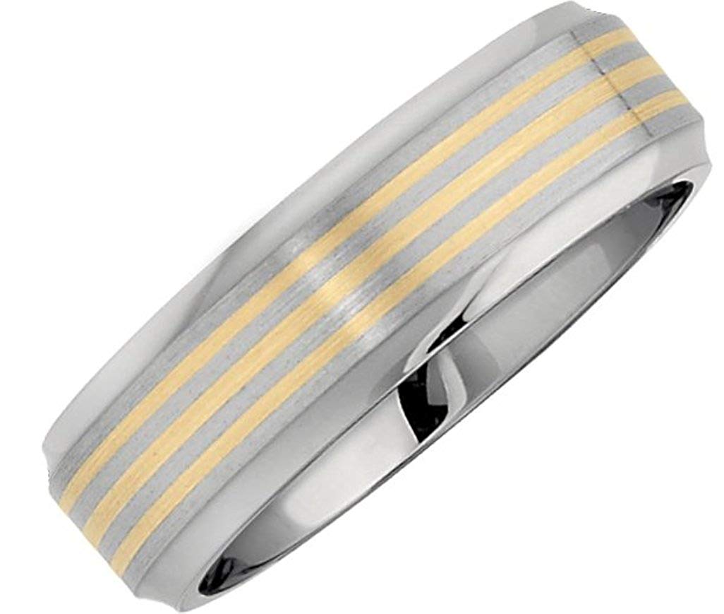 7mm Titanium and 14k Yellow Gold Satin Flat Beveled Comfort Fit Band Sizes 8 to 13