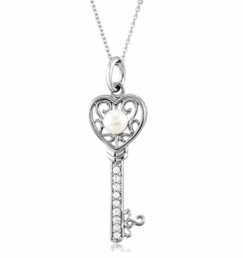 White Freshwater Cultured Pearl, Pave CZ 'Key to Kindness' Rhodium Plate Sterling Silver Pendant Necklace, 18" (6 MM)