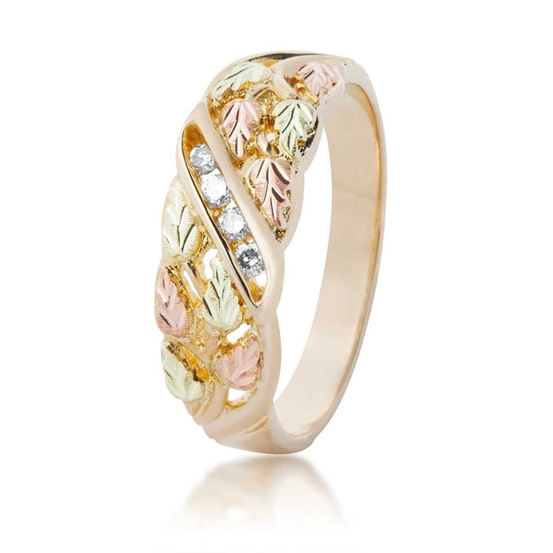 Women's 4-Stone Diamond Wedding Band, 10k Yellow Gold, 12k Pink and Green Gold Black Hills Gold Motif (.125 Ctw)