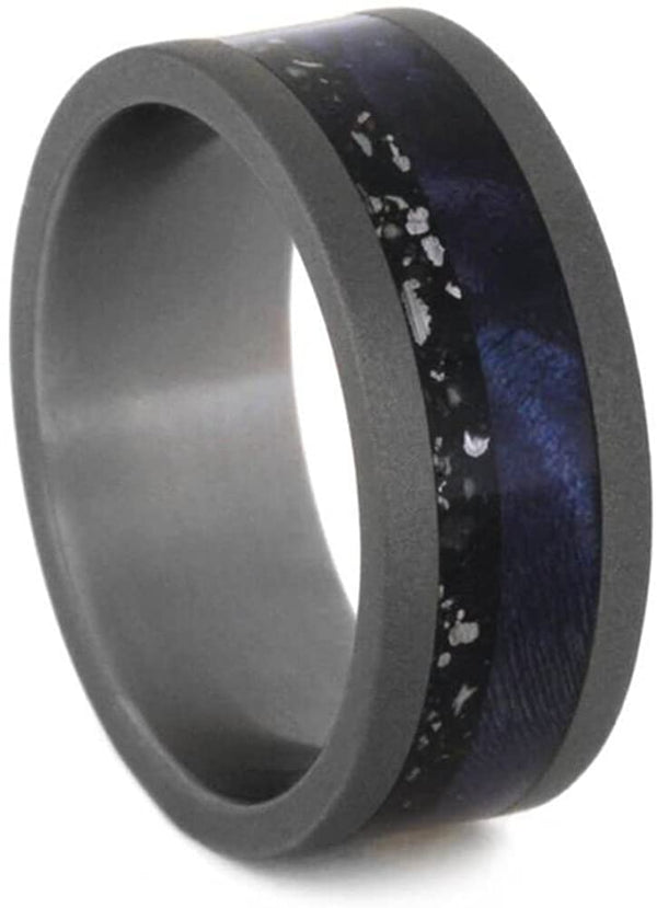 The Men's Jewelry Store (Unisex Jewelry) Blue Box Elder Burl Wood, Black Stardust 8mm Sandblasted Titanium Comfort-Fit Band, Size 9.25