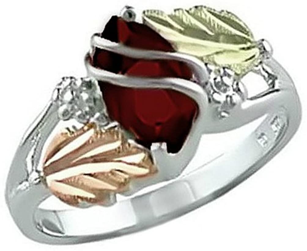 Marquise Created Garnet January Birthstone Ring, Sterling Silver, 12k Green and Rose Gold Black Hills Gold Motif 5.5