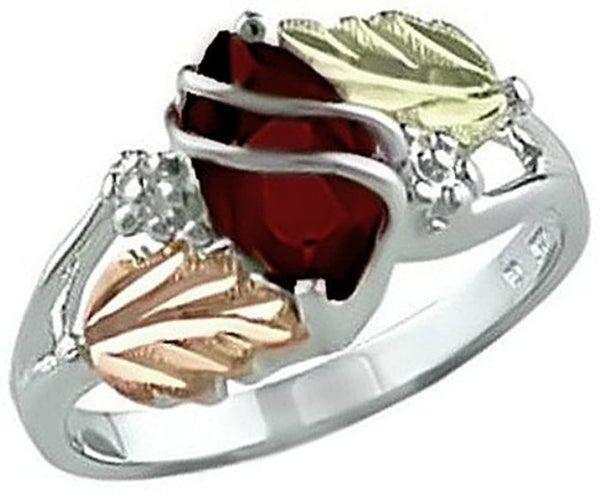 Marquise Created Garnet January Birthstone Ring, Sterling Silver, 12k Green and Rose Gold Black Hills Gold Motif 3