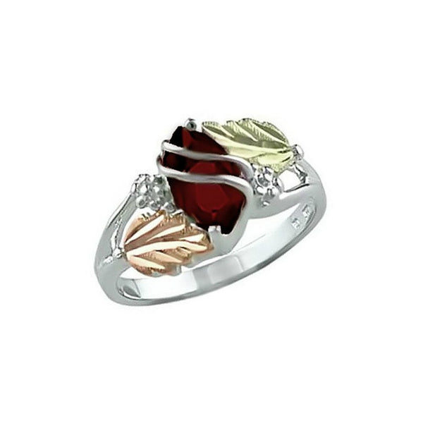 Marquise Created Garnet January Birthstone Ring, Sterling Silver, 12k Green and Rose Gold Black Hills Gold Motif