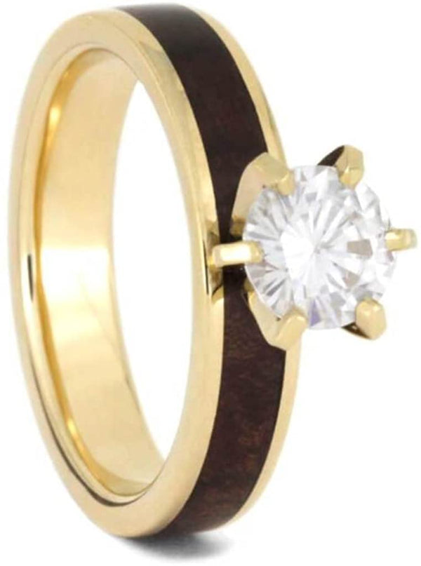 10k Yellow Gold Forever One Solitaire Maple Burl Ring, Titanium Ironwood Comfort-Fit Band, Couples Rings Size, M14.5-F9.5