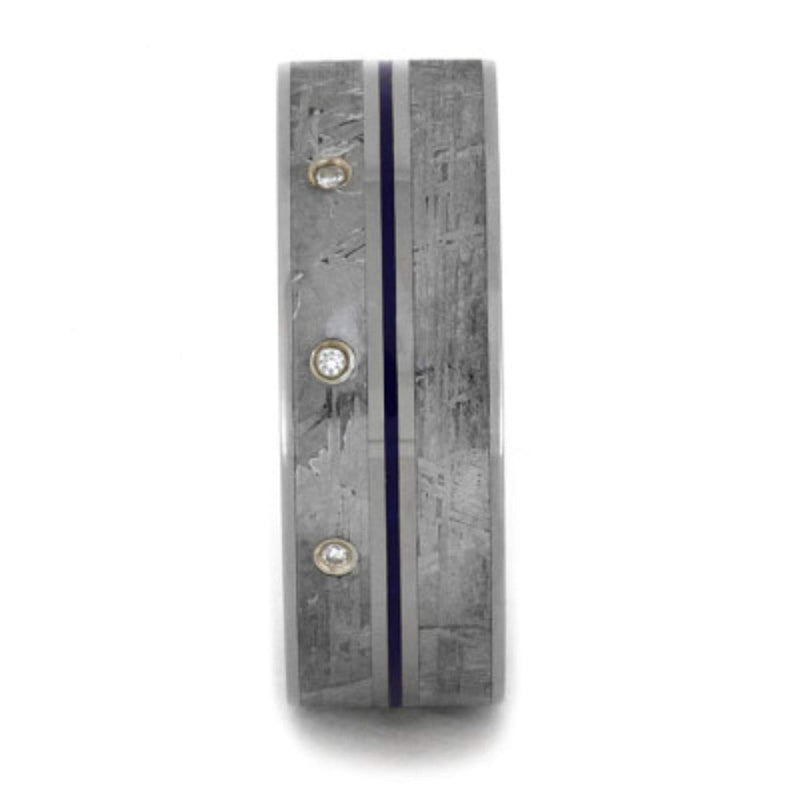3-Stone Diamond Gibeon Meteorite, Blue Pinstripe 7.5mm Comfort-Fit Titanium Wedding Band, Size 15.5
