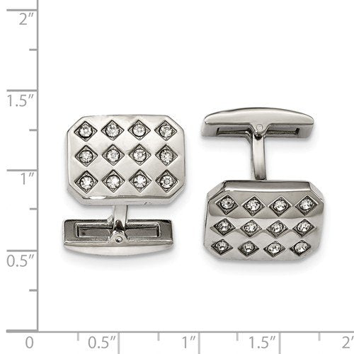 Stainless Steel Polished Satin-Brushed Cubic Zirconia Cuff Links