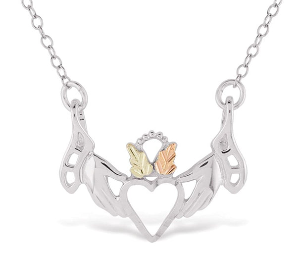Claddag Open Heart Pendant Necklace, Sterling Silver, 12k Green and Rose Gold Black Hills Gold Motif, 18"