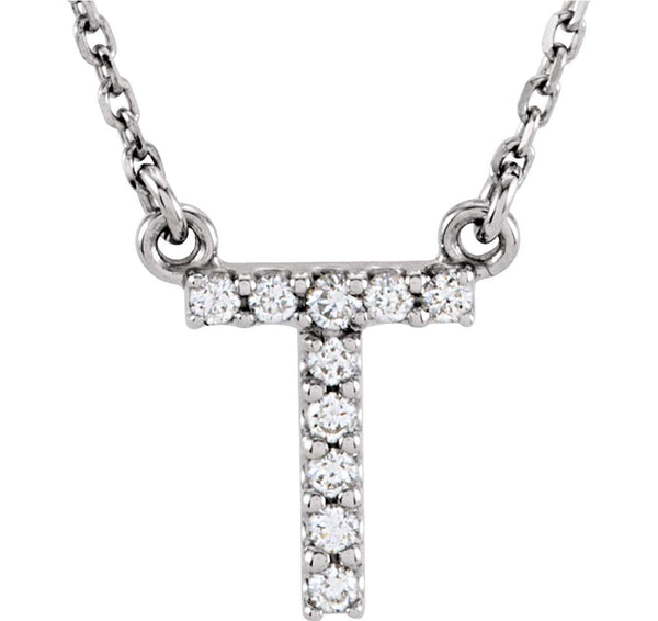 Diamond Initial 'T' Rhodium Plate 14K White Gold (1/10 Cttw, GH Color, I1 Clarity), 16.25"