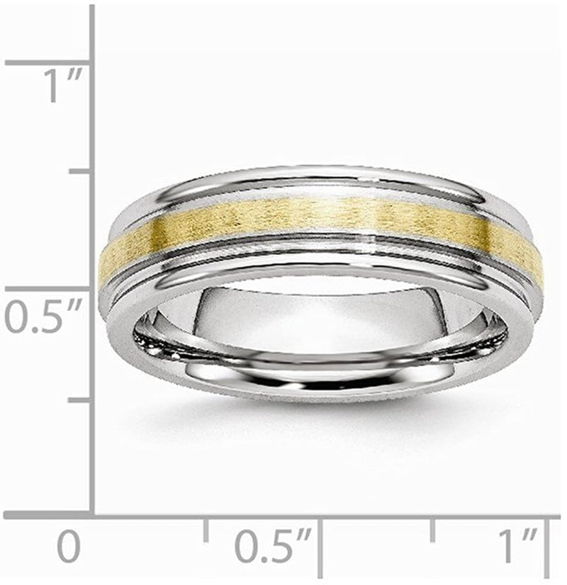 Men's Brushed Cobalt Chrome, 14k Yellow Gold Inlay 6mm Rounded Edge Band Size 7