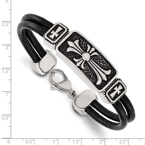 Men's Cross Black Leather Antiqued Stainless Steel Bracelet, 8.5 Inches