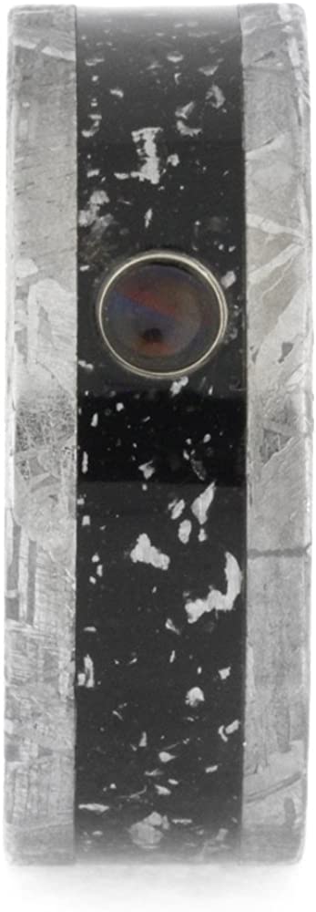 Cabochon Opal, Black Stardust Inlay, Gibeon Meteorite 8.5mm Comfort-Fit Titanium Wedding Band, Size 15.5