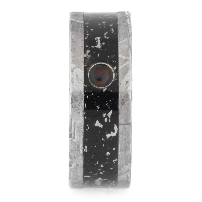 Cabochon Opal, Black Stardust Inlay, Gibeon Meteorite 8.5mm Comfort-Fit Titanium Wedding Band