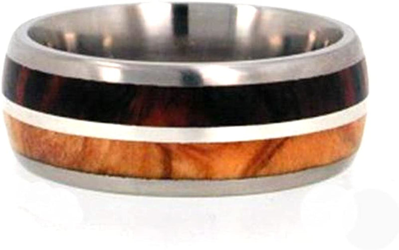 Ironwood, Olive Wood, Sterling Silver Pinstripe 8mm Comfort-Fit Titanium Wedding Band, Size 9