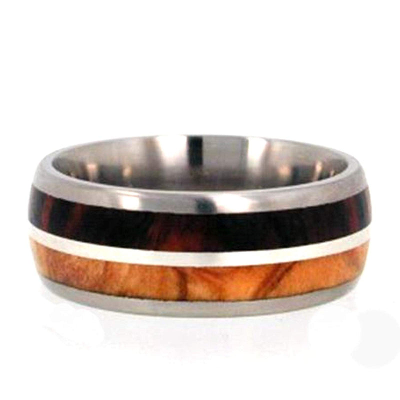 Ironwood, Olive Wood, Sterling Silver Pinstripe 8mm Comfort-Fit Titanium Wedding Band, Size 10