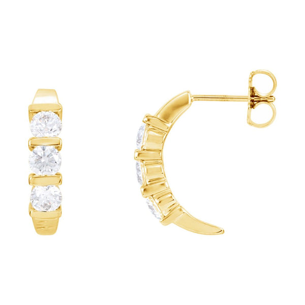 Three Diamond J-Hoop Earrings, 14k Yellow Gold (1 1/2 Ctw, Color GH, Clarity I1)